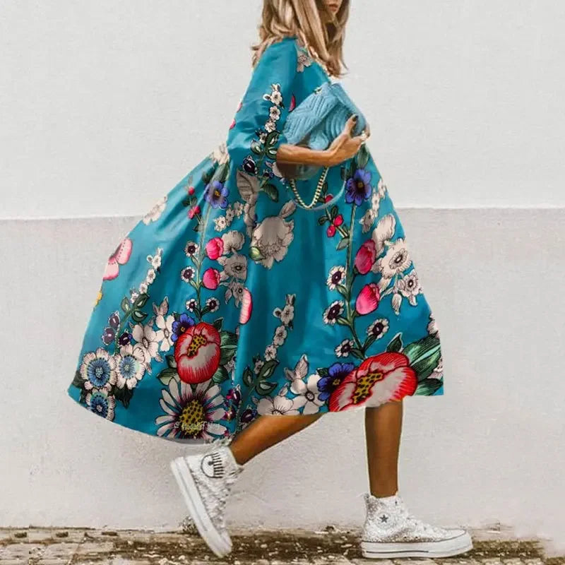 Women's Summer New Mid Sleeve Round Neck Fashionable Printed Bohemian Seven Sleeve Casual Loose Dress For Women