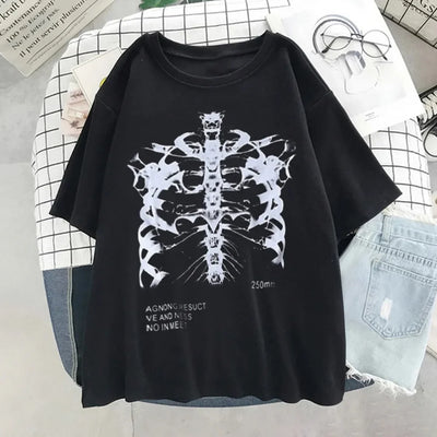 Oversized T-shirt Women Female T-shirt Dark Skull Bones Heart and Lung Print Short Sleeve Streetwear Harajuku Top Woman Clothes
