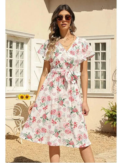Floral Print Midi Dress Women Robe Elegant Chic
