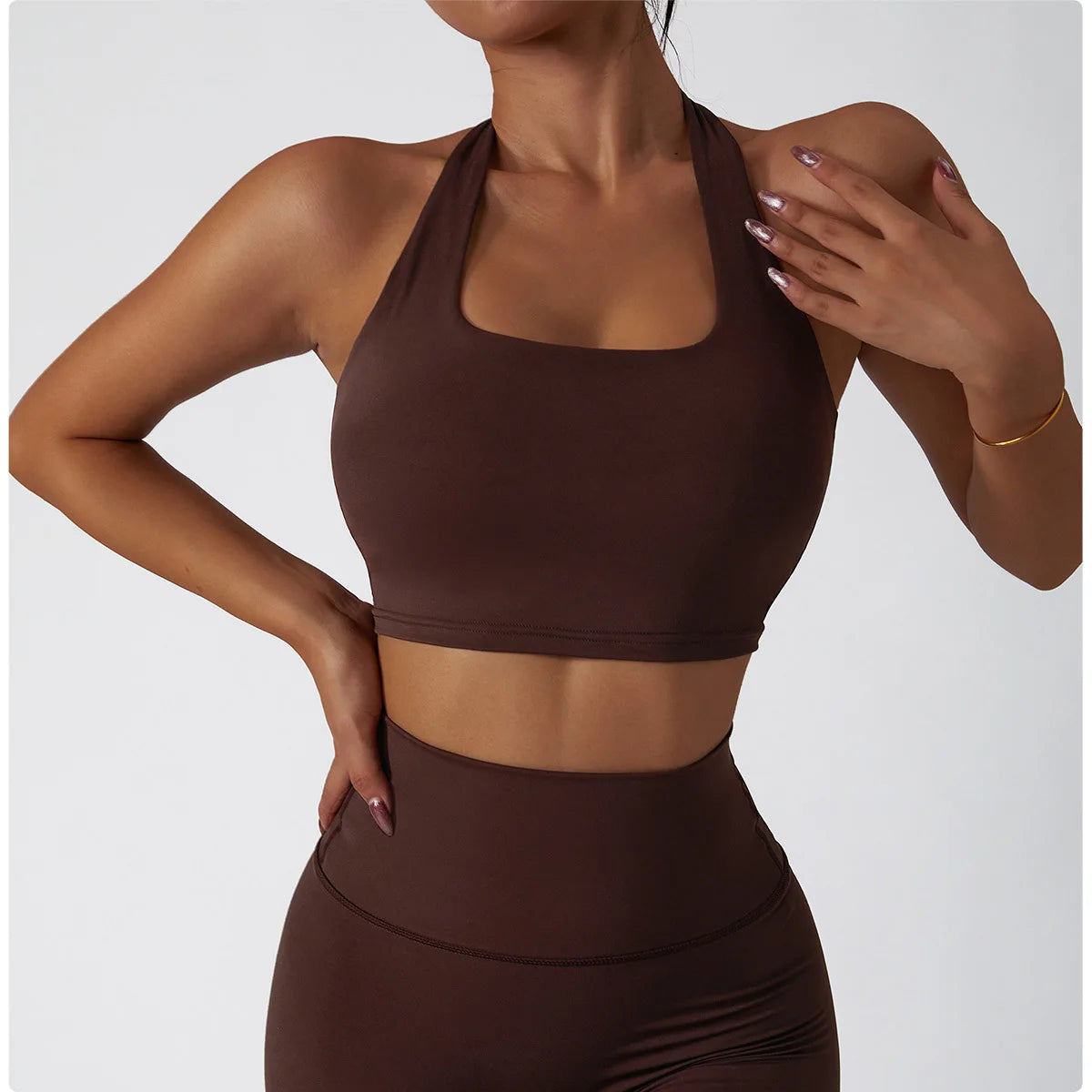 Women Breathable Sports Bra Absorb Sweat Shockproof Padded Gym Bta Running Fitness Bra Yoga Sports Bras Hanging Neck Underwear