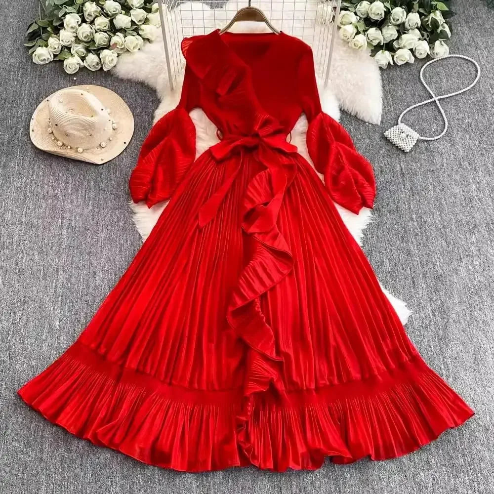 Women's V Neck Ruffles Splice Lantern Sleeve High Stretch Oversized Dresses Miyake Maxi Pleated 2025 Spring Long Party Clothing