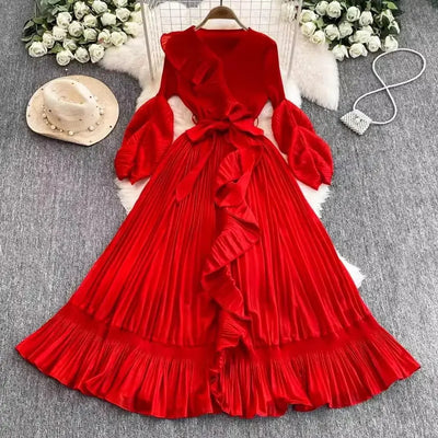 Women's V Neck Ruffles Splice Lantern Sleeve High Stretch Oversized Dresses Miyake Maxi Pleated 2025 Spring Long Party Clothing