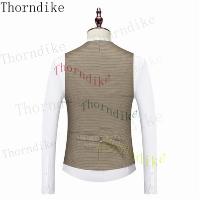 Thorndike Hot Sell Khaki Plaid Custom Made Classic Groom Tuxedo Groomsmen Best Man Suit Wedding Men's Blazer+Vest+Pants Costume