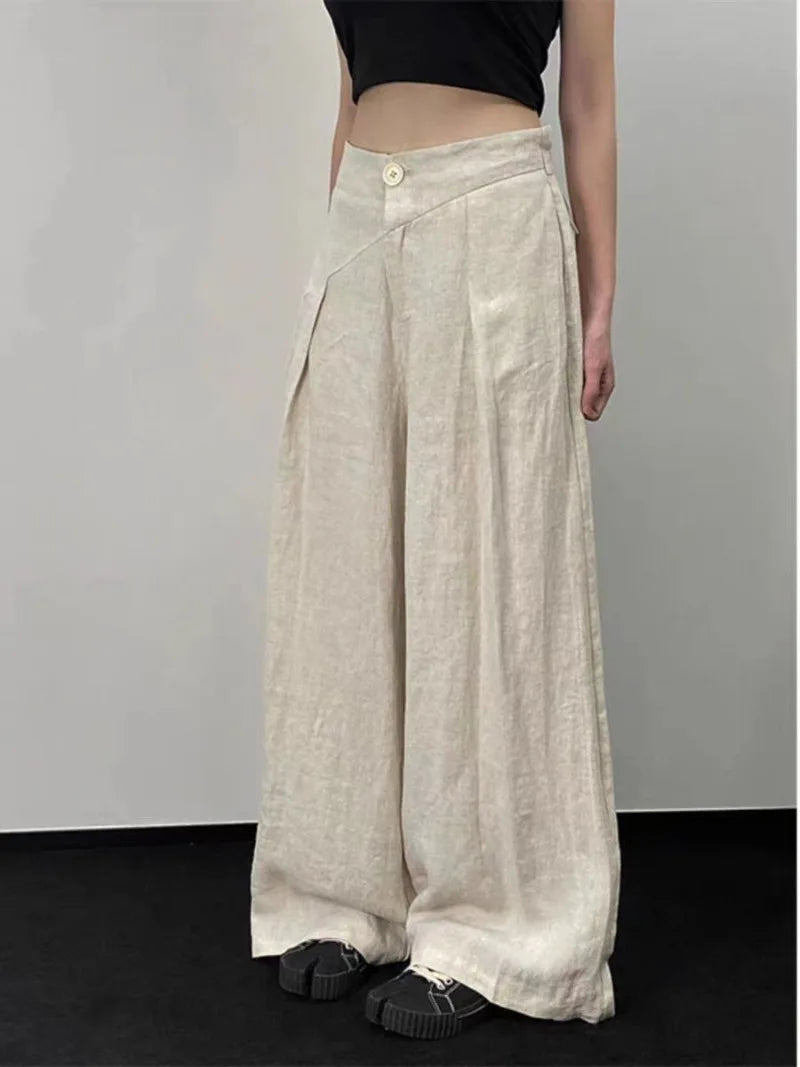 Streetwear Wide Leg Pants Women Fashion Pleated Linen Baggy Pants Summer Korean High Waist Casual Design Straight Trousers New