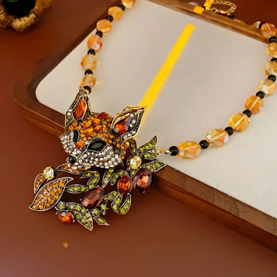 Luxury Crystal Cat Necklace Earrings Exaggerated Beaded Rhinestones Pendant Necklace Accessories Neck Jewelry