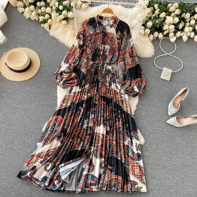 Retro Print Elegant Pleated Lace-up Chiffon Long Sleeve Dress A-line Blouse French Casual V-neck High Waist Women Summer Dresses