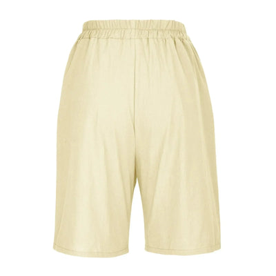 Women's Fashion Solid Color Cotton Linen Shorts - Loose Elastic Waist Capris with Pocket and Button Up Design