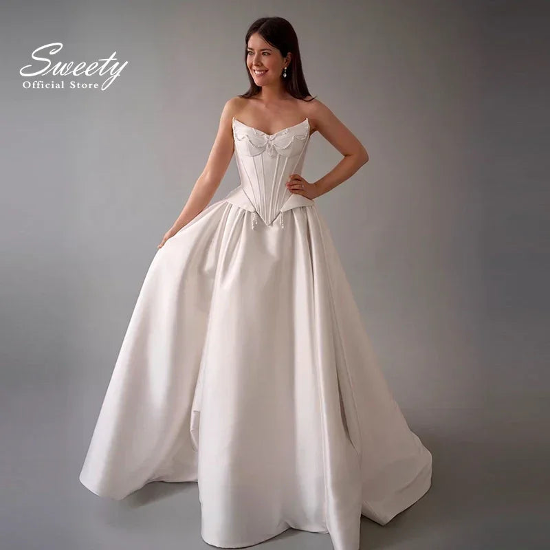 Charming Wedding Dress Satin Taffeta With Pearls A-Line Floor Ball Gown Princess Strapless Lace Up Customized Vestido De Novia