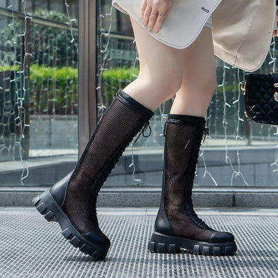 2025New Boots for Women Fashion Knee-high Boots Summer Breathable Hollow Out Mesh Boots Non Slip Platform Boot Punk Botas Mujer