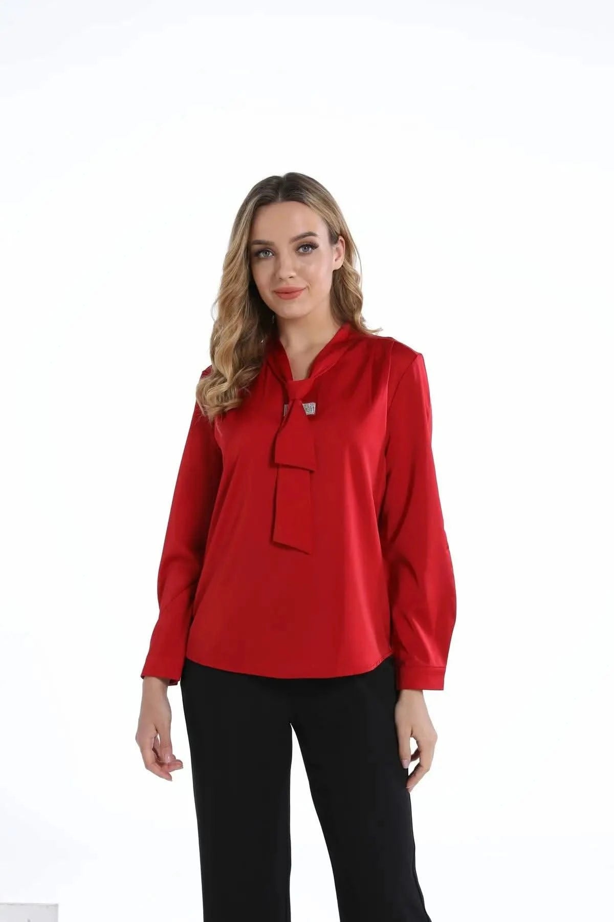 Red Women Blouse Ribbon Women Shirt Luxury Woman Top