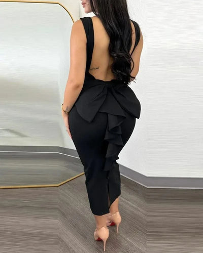 Summer 2025 Vestidos Sexy Party Dresses Women Plunging V-neck Sleeveless Backless Bowknot Ruffles Back Bodycon Midi Dress