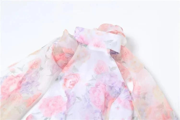 Elegant Floral Short Dress Summer Holiday Outfits Women Layered Party Dresses Sexy Halter Bow Lace-up Ruffled Hem Puffy Dress