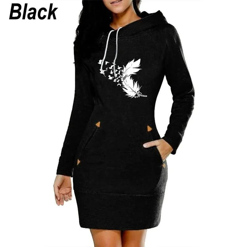 Women Hoodie Dress Sweatshirt Pullover Dress Autumn Winter Feather printed Long Sleeve Slim Pocket Hoodie Dress