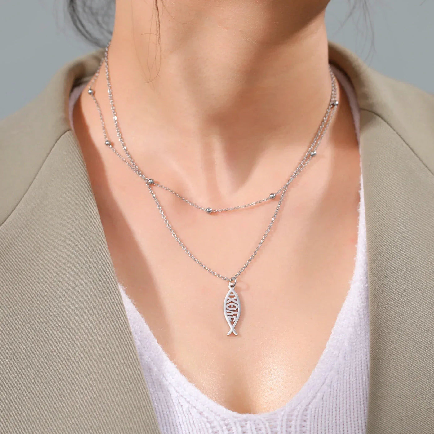 Jeshayuan Christian Jesus Fish Pendant Necklaces For Women Double Layer Stainless Greek ΙΧΘΥΣ Christian Religious Gift