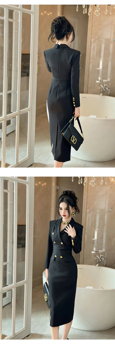 Fashion Elegant Midi Dress Women's Professional Business Style Long Sleeve Double Breasted Slit Robe Office Lady Work Vestidos