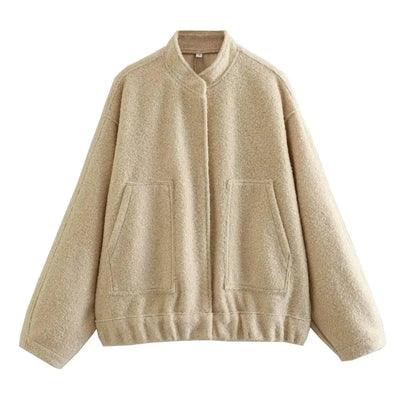 Woman's Oversized Bomber Jacket Autumn New Round Neck Long Sleeve Pocket Hidden Button Loose Jackets Coat Female Outerwear