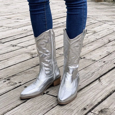 Women's Boots Fashion Pointed Toe Leather Boots Retro Embroidery Western Cowboy Boots for Women Thick Soled Mid-calf Boot Botas