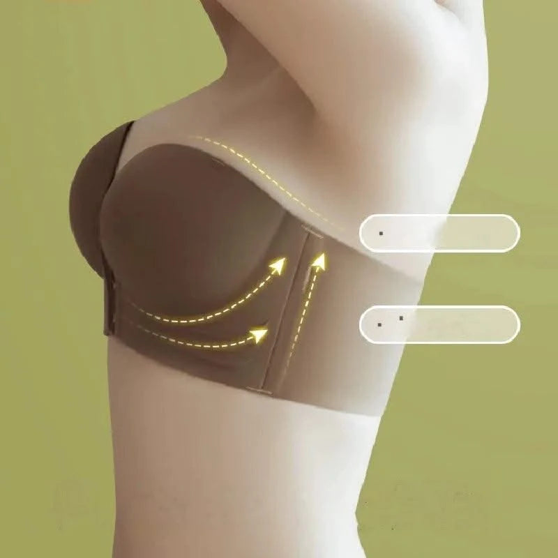 Front Closure Strapless Bras For Women Seamless Push Up Brassiere Thick Soft Underwear Solid Color Adjustable Invisible Lingerie