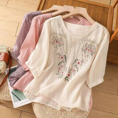 Cotton and Linen V-neck Embroidered Shirt for Women, Summer Thin Style Loose Medium Sleeves Small Shirt Top
