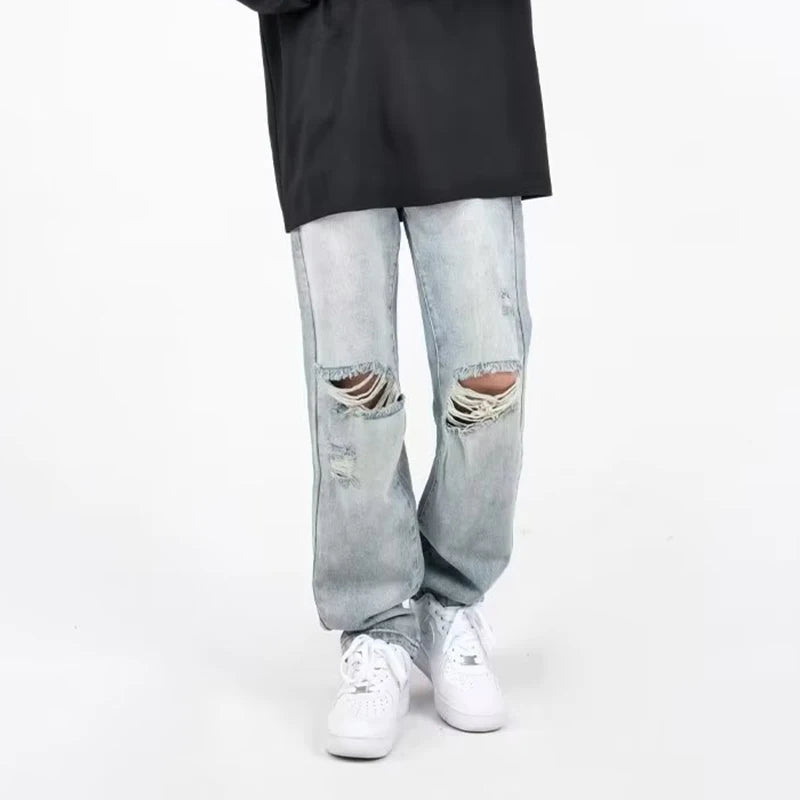 Summer Mens Ripped Jeans Blue Loose Fit Hole Wide-leg Pants Casual Fashion Trousers Streetwear High quality Denim Man Clothing