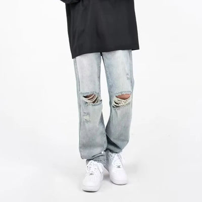 Summer Mens Ripped Jeans Blue Loose Fit Hole Wide-leg Pants Casual Fashion Trousers Streetwear High quality Denim Man Clothing