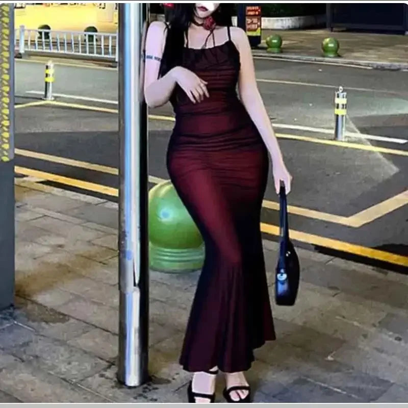 Sexy Luxury Woman Evening Dress Red Mesh Gothic Elegant Party Bodycon Dresses Maxi Dress Chic Female Night Club Outfits