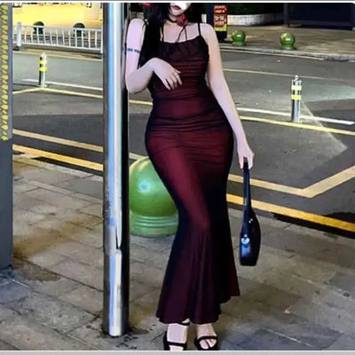 Sexy Luxury Woman Evening Dress Red Mesh Gothic Elegant Party Bodycon Dresses Maxi Dress Chic Female Night Club Outfits