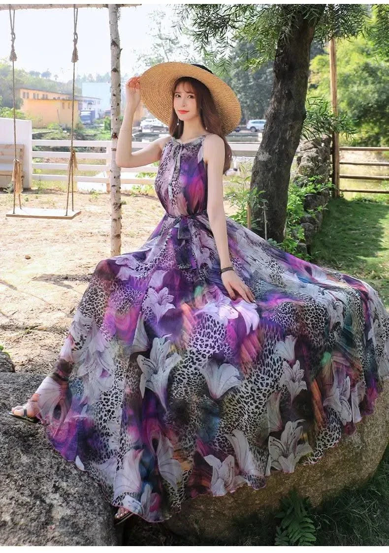 2023 New Floral Summer Sleevelss Suspender Maxi Dress for Women Sexy Backless Beach Purple Boho Robe Femme Sundress Dress Photo