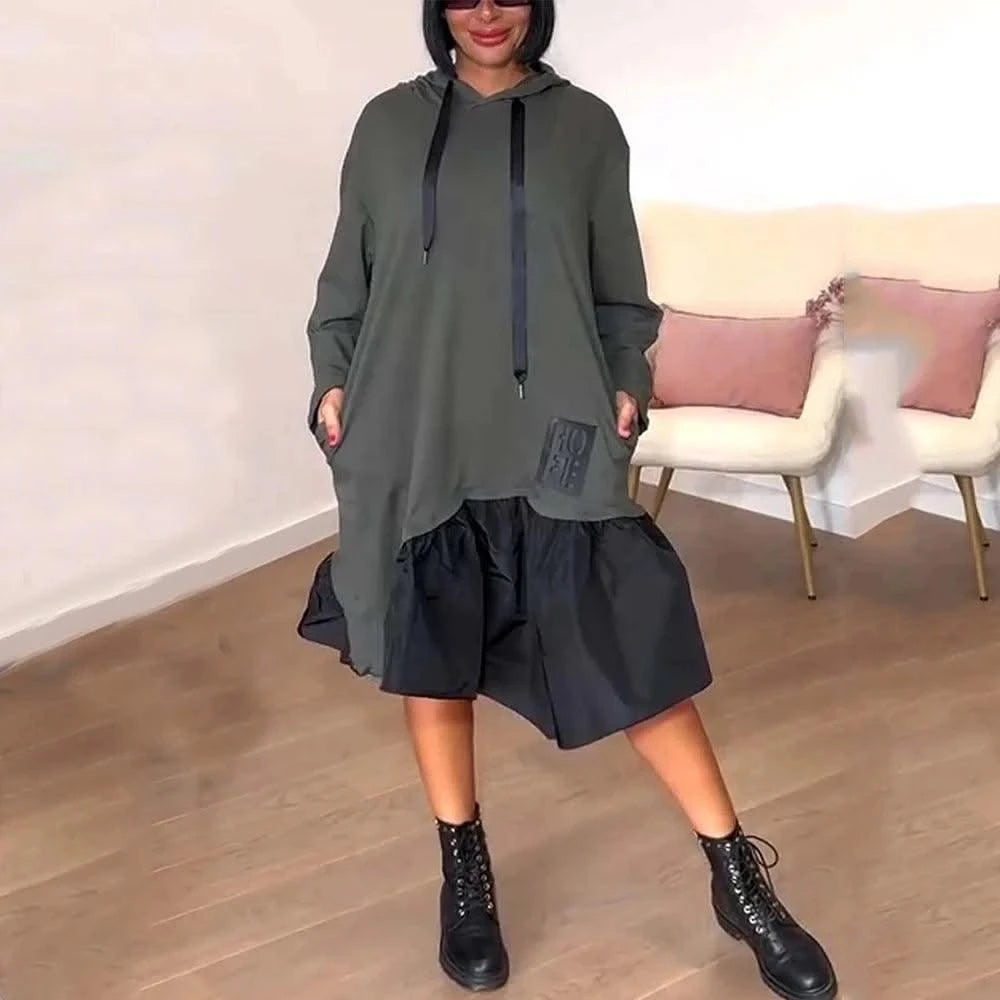 New Hooded Sweatshirt Dress For Women 2025 Spring Long-sleeved Printed Patchwork Dress Casual Loose Lace Up Long Dress Black