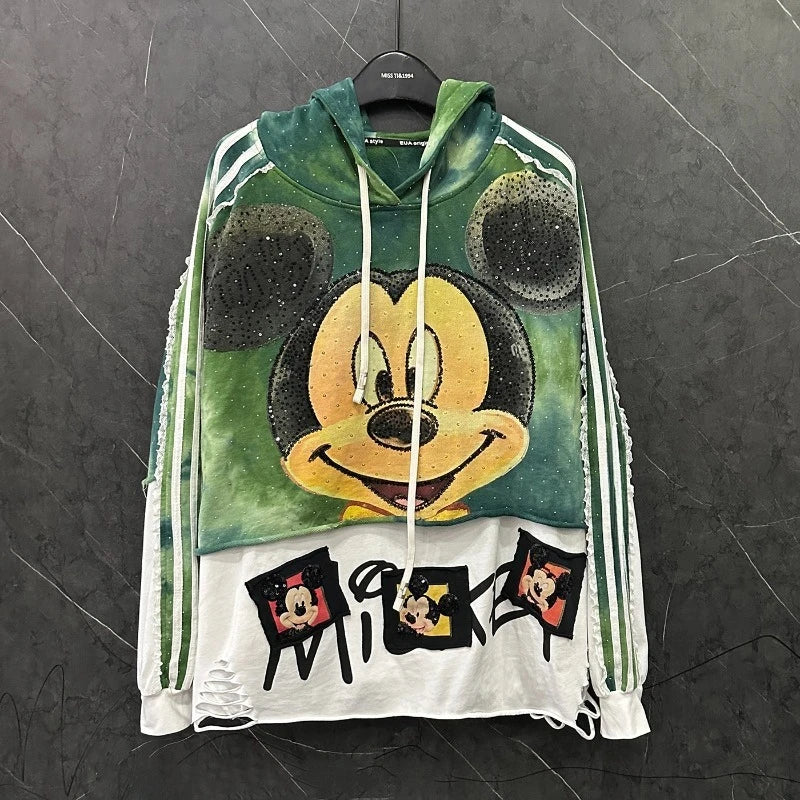 Autumn New Heavy Industry New Style Distressed Fake Two-Piece Cartoon Top Hoodies For Women's Loose Casual Versatile Top Jacket