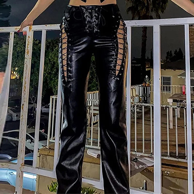 Women Fashion Loungewear Trousers, All Match Spring Summer Solid Hollow Straight Pants, Bandage Elegant Ladies Pants Streetwear