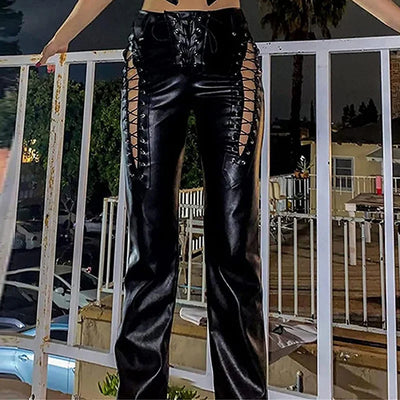 Women Fashion Loungewear Trousers, All Match Spring Summer Solid Hollow Straight Pants, Bandage Elegant Ladies Pants Streetwear