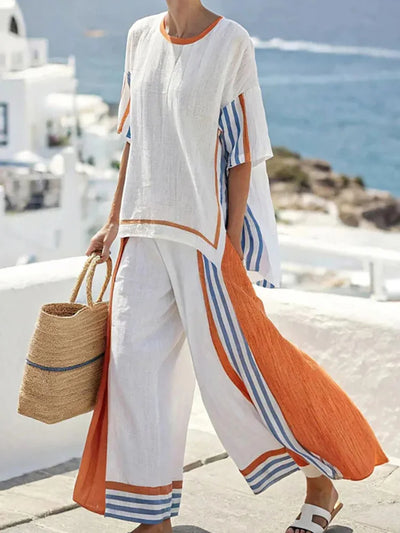 Women Summer Loungewear Suits Printing Loose Wide Leg Pants 2PCS Matching Set Half Sleeve O-Neck Pullover Top Outfit Streetwear