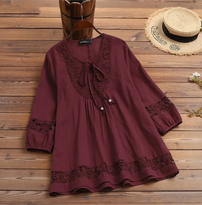Fashion Women's Solid Lace Top Cotton Linen Casual Top Woman New Summer Blouse Three-Quarter Sleeve Loose Shirt & Blouse Women