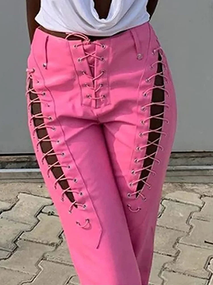 Women Fashion Loungewear Trousers, All Match Spring Summer Solid Hollow Straight Pants, Bandage Elegant Ladies Pants Streetwear