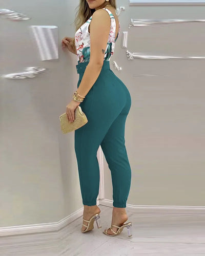 Summer Women Jumpsuits Elegant Office Lady Sexy V-neck Sleeveless Print Jumpsuits New Fashion With Belt Vest Playsuit Streetwear