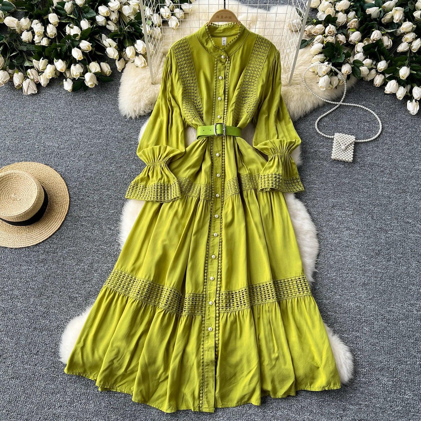 Retro Elegant Summer Stand Collar Flare Sleeve Single Breasted Lace Spliced Dress A-line French Evening Party Women Dresses