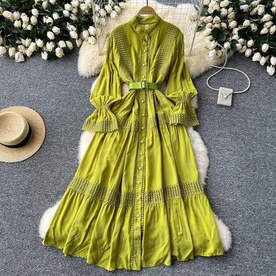 Retro Elegant Summer Stand Collar Flare Sleeve Single Breasted Lace Spliced Dress A-line French Evening Party Women Dresses
