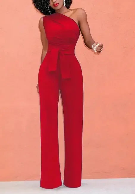 Women's Jumpsuit Solid Skew Collar Crop Top Straight Pants Belt Sexy Sleeveless Loose Pants Elegant Charming Playsuits 2024