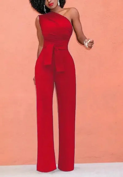Women's Jumpsuit Solid Skew Collar Crop Top Straight Pants Belt Sexy Sleeveless Loose Pants Elegant Charming Playsuits 2024