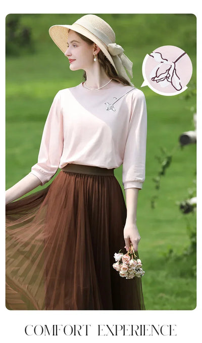 I BELIEVE YOU T-shirts for Women 2024 Autumn New Graphic Gentle Embroidery Three Quarter Sleeve Chic Base Clothing 2243015764