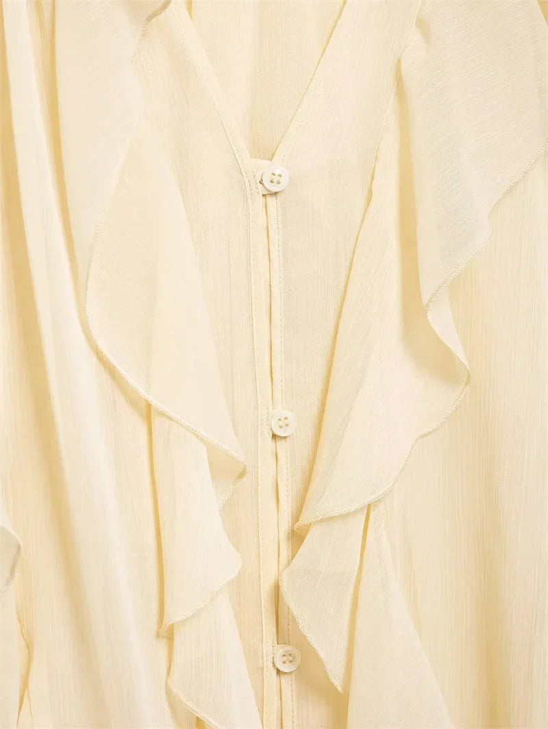 Ruffles Elegant Shirts & Blouses for Women 2025 Long Sleeve Semi-Transparent Tops For Women Spring Shirt And Blouse Top