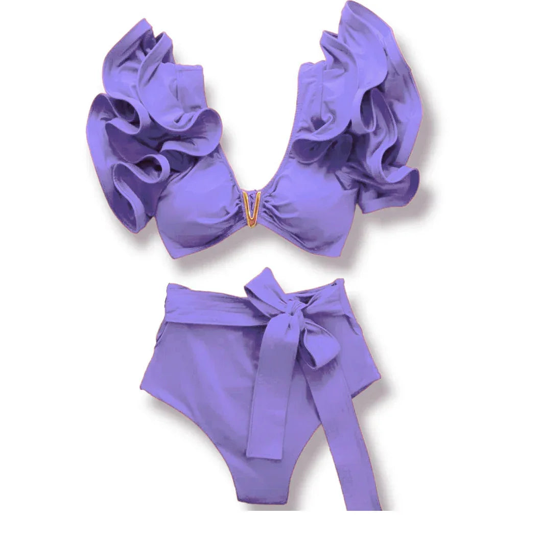 Swimwear High Waist Bikinis with Belt V Neck Shirring Swimsuit Women Ruffle Bathing Suit y2k Drawstring Beachwear