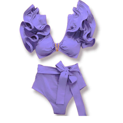 Swimwear High Waist Bikinis with Belt V Neck Shirring Swimsuit Women Ruffle Bathing Suit y2k Drawstring Beachwear