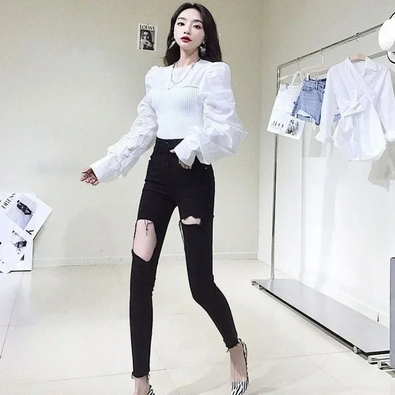 Skinny Pencil Slim Fit Women's Ripped Jeans 90s South Korea Cheap Summer Cowboy Pants for Woman Korean Fashion Xxl Torn Trousers