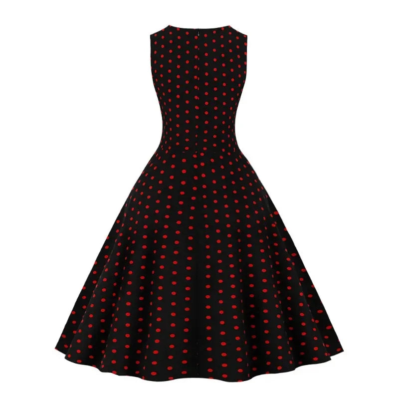 2025 New Women Party Dress Dot Print Sleeveless A Line 50s Evening Gowns Red A-line Tight Waist Prom Banquet Summer Midi Dress
