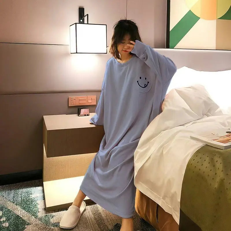Female Loungewear Smiley Face Autumn Winter German Fleece Thickened Warm Long Nightgown Women Wearable Outdoors Lady Pajamas