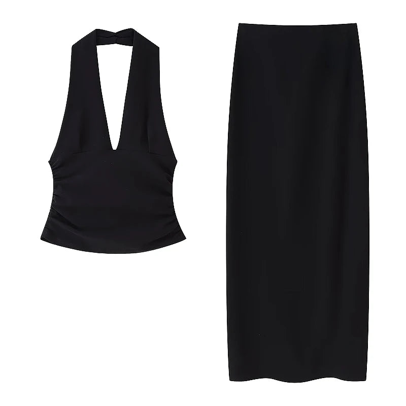 Women's Two Pieces Set Sexy Backless Halter Top Summer Set Woman Slit High Waist Skirt Set Elegant Women 2 Piece Set 2025