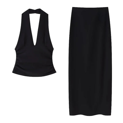 Women's Two Pieces Set Sexy Backless Halter Top Summer Set Woman Slit High Waist Skirt Set Elegant Women 2 Piece Set 2025