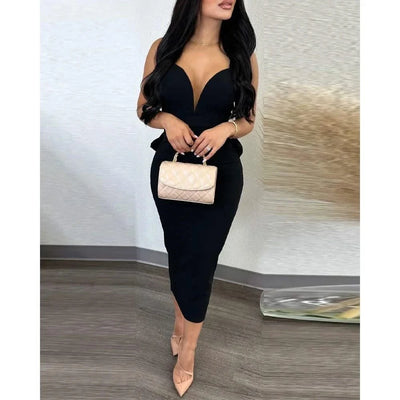 Summer 2025 Vestidos Sexy Party Dresses Women Plunging V-neck Sleeveless Backless Bowknot Ruffles Back Bodycon Midi Dress